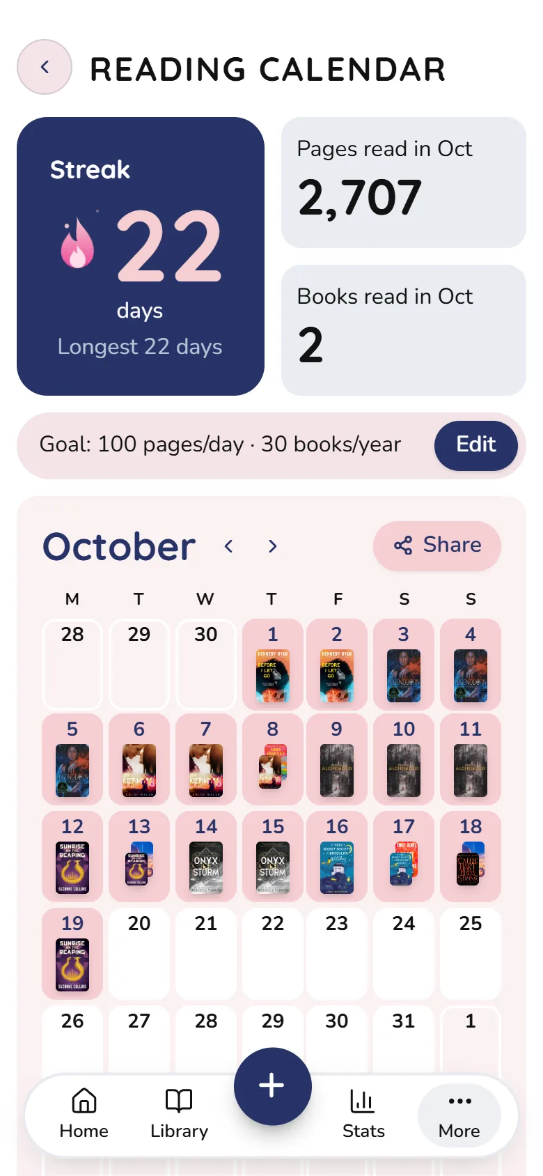 Readezvous Blue theme Reading calendar screen